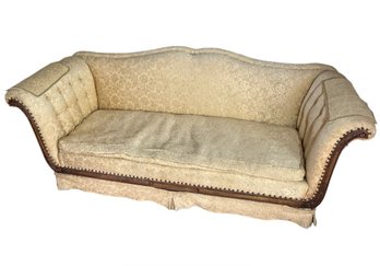 Carved Wooden & Floral Upholstered Vintage Camelback Sofa (LR)