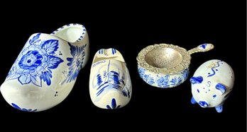 Blue Delft Porcelain Clogs, Pig Figurine And Assorted Decor 4pc