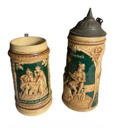 German Green Stoneware Beer Stein Pair (B)