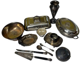 Silver Plated And Stainless Serving Trays, Covered Tureen, Gravy Boat And More (K)
