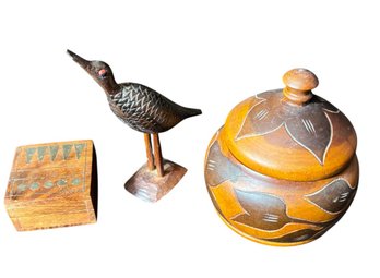 Wooden Trinket Boxs & Carved Bird Figurine