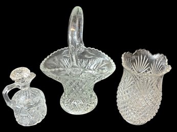 Clear Glass Basket, Vase, And Cruet