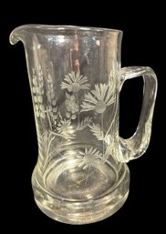 Clear Glass Etched Floral And Wheat Pitcher