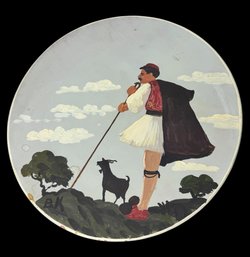 Greek Goat Herder Original Painted Terracotta Plate Hanging Wall Art (d)