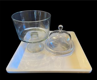 Glass Cheese Platter, Glass Trifle Bowl & White Plastic Trays (DR)