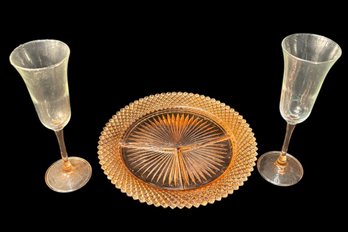 Pink Depression Glass Serving Plate & Champagne Glasses