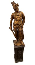 Large Impressive Gold Tone Roman Warrior Statue On Ornate Carved Wooden Base