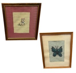 MCM Cat & Butterfly Framed Needlepoint Art