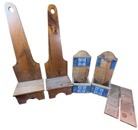 Wooden Serving Trays, Hanging Wall Pockets, And Wooden Stepstools 5 Pc(LR)