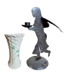 Metal Angel Candlestick Holder & Belleek Irish Bud Vase (O2)