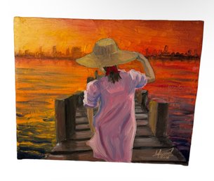 On The Pier At Sunset Original Signed Painting On Canvas (DR)
