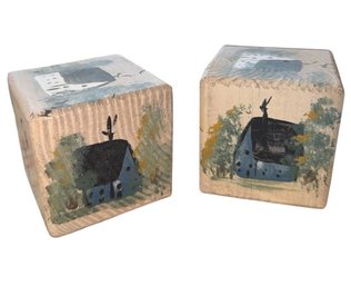 Linda Marie Talbot Painted Wooden Folk Art Block Pair (O)