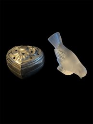 Lalique Frosted Sparrow & Silver-Tone Heart Box (RR)