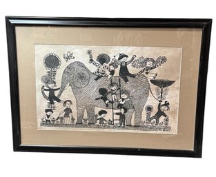 Heidi Lange Batik Framed Canvas Art Print Children On Elephant