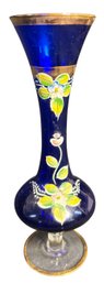 Bohemian Czech Cobalt Blue Enameled Art Glass Vase