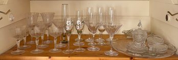 Shelf Full Of Assorted Etched & Painted Glassware (DR)