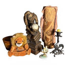 Ceramic Monkey Bookend, Wooden Bowl, Dragon Candlestick & Assorted Decor (BR4)