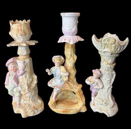 Bisque Porcelain Old Candlestick Holders 3pc