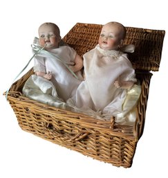 Wicker Basket With Assorted Old Porcelain Dolls