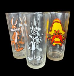 1970s Pepsi Looney Tunes Glass Cups 3pc Bugs Bunny, Wile Coyote & Yosemite Sam