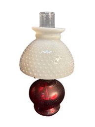 Ruby Red Oil Lamp Base White Hobnail Milk Glass Shade