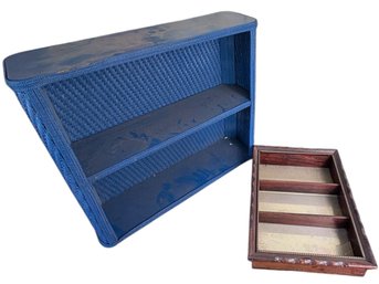 Blue Plastic Wicker & Wooden Mirrored Glass Hanging Shelf Pair (br2)