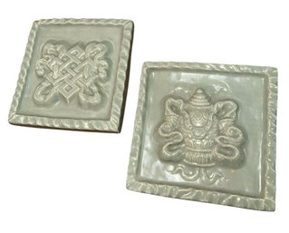Green Glazed Celtic Knot Stoneware Tile Pair
