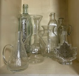 Shelf Full Of Assorted Glass Bottles & Vases (K)