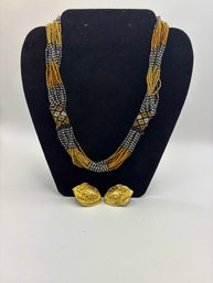 19 African Glass Beaded Necklace And Gold Tone Clip On Earrings