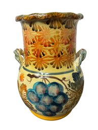 Italian Double Handled Hand Painted Grapevine Pottery Vase