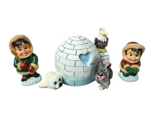 Arctic Animals On Igloo & Eskimo Figurines 3pc