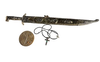 Greek Sheathed Knife, Paperweight & Cross Necklace (B)