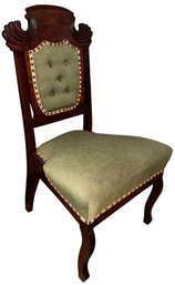 1800s Victorian Eastlake Green Upholstered Carved Wooden Parlor Chair (DR)