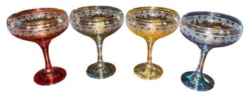 Colorful Etched Glass Champagne Coupe 4pc (DR)