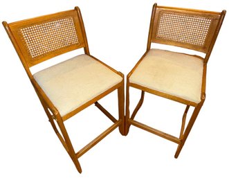 1970s Oak & Cane Back Upholstered Barstool Pair (K)