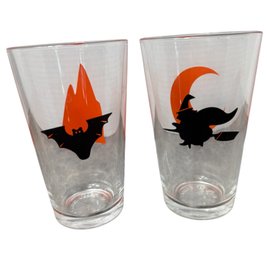 Flying Witch & Halloween Bat Drinking Glass Cup Pair