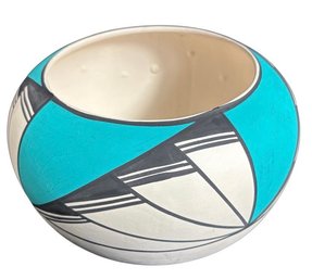 Signed Native American Teal Pottery Bowl