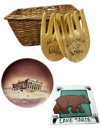 Greek Parthenon Plate, Lake Tahoe Bear Glazed Tile & Alaskan Wooden Salad Tossers