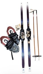 Fischer E99 Cross Country Skis, L.L Bean Snow Shoes, & Bamboo Ski Poles