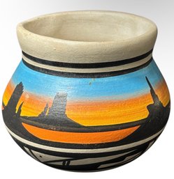 Signed Hand Painted Navajo Native American Desert Scene Pottery Pot