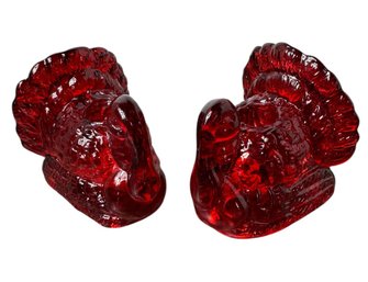 Cranberry Glass Turkey Candlestick Holder Pair