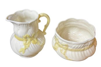 Belleek Ireland Ribbon & Bow Porcelain Creamer And Sugar Bowl SetA