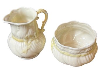Belleek Ireland Ribbon & Bow Porcelain Creamer And Sugar Bowl Set B