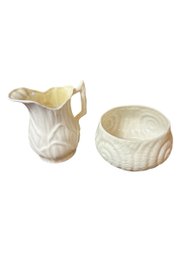 Belleek Pottery Ireland Lily White Creamer And Sugar Bowl