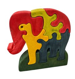 Original Signed Colorful Wooden Elephant Puzzle Style Art Sculpture