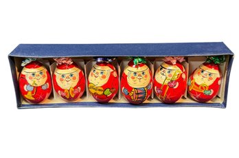 Fat Wooden Santa Claus Ornaments 6pc Set