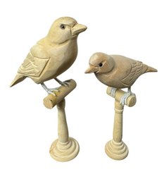 Carved Wooden Bird Figurine Pair On Perches