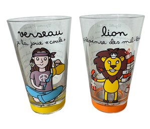 Magali Rieusset French Astrological Drinking Glass Pair Aquarius & Leo