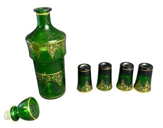Green Glass Gilt Decanter With 4 Glasses