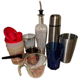 Pyrex Measuring Cup, Glass Pour Bottle, Metallic Shaker, & Other Barware (K)
